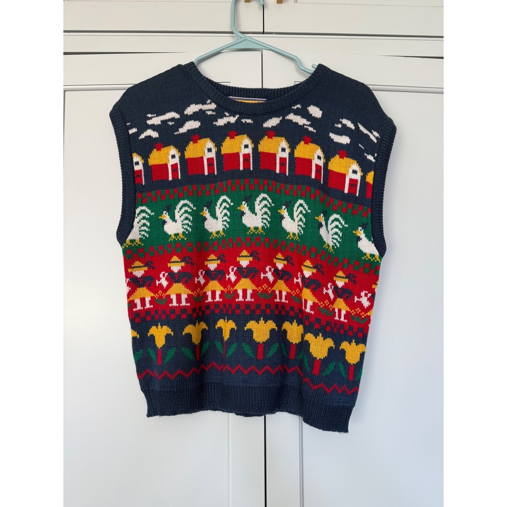 Bryn Connelly Vintage Sweater‎ Vest Navy Blue Rooster Folk Art Novelty Knit